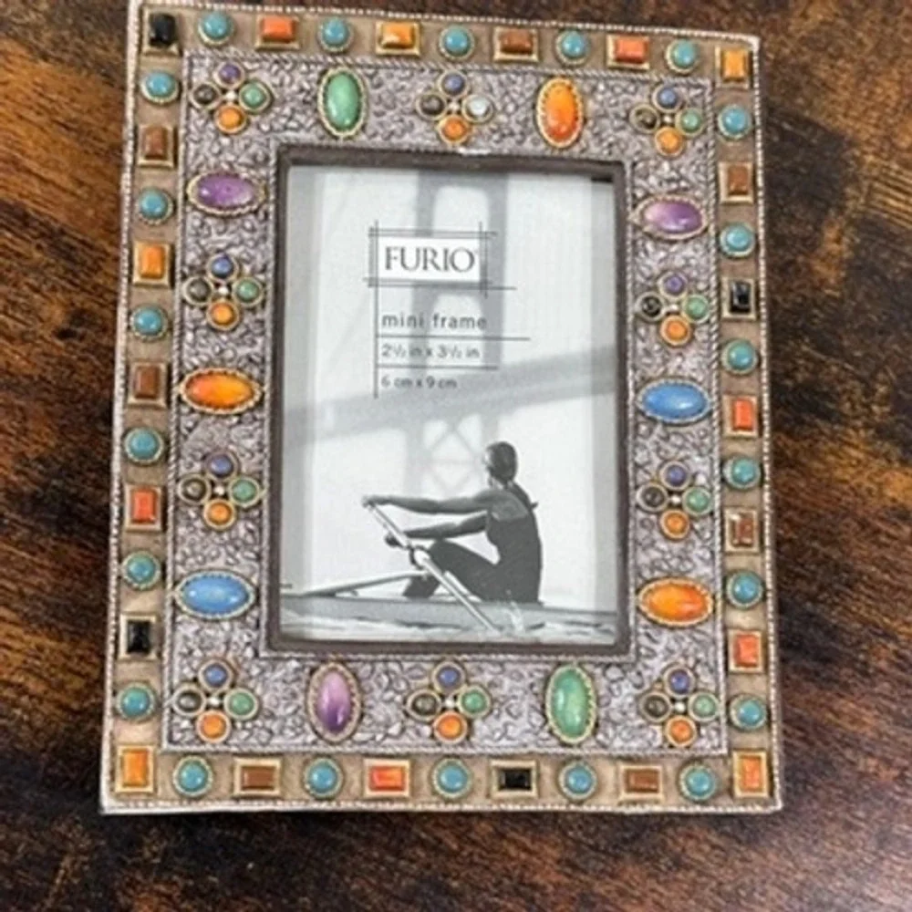 NEW Furio Mini Picture Frame Jeweled Boho Silver Tone Metal ‎ Colorful Stones